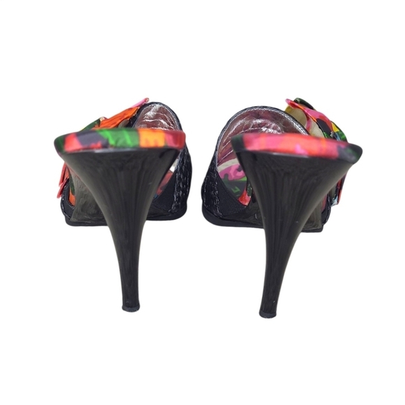 Vintage Beverly Feldman “Enrich Me” Black Linen Peony Sandals with Heels Size 7 - Picture 4 of 11